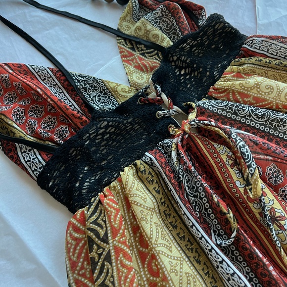 VTG 90s Tricia Fix SUNDRESS small beads 70s crochet lace groovy retro crossback - Picture 2 of 16